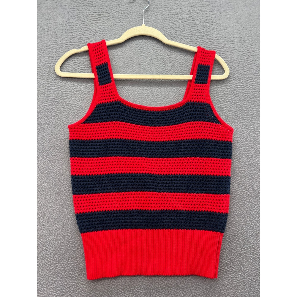 525 America Knit Tank Top Women's Size Small Red Navy Blue Striped Crochet